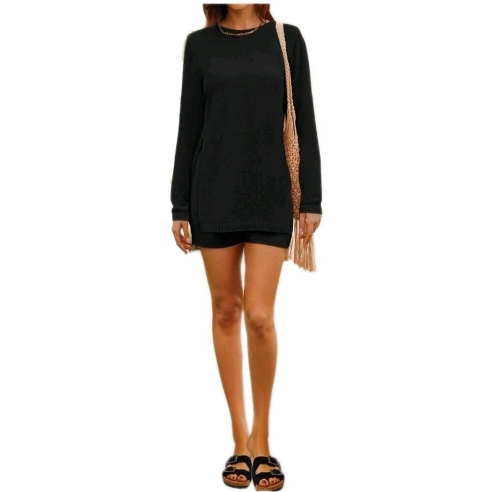 NENONA Black Knit Lounge Set L - 2pc Long‎ Sleeve Tunic & Shorts Cozy Set